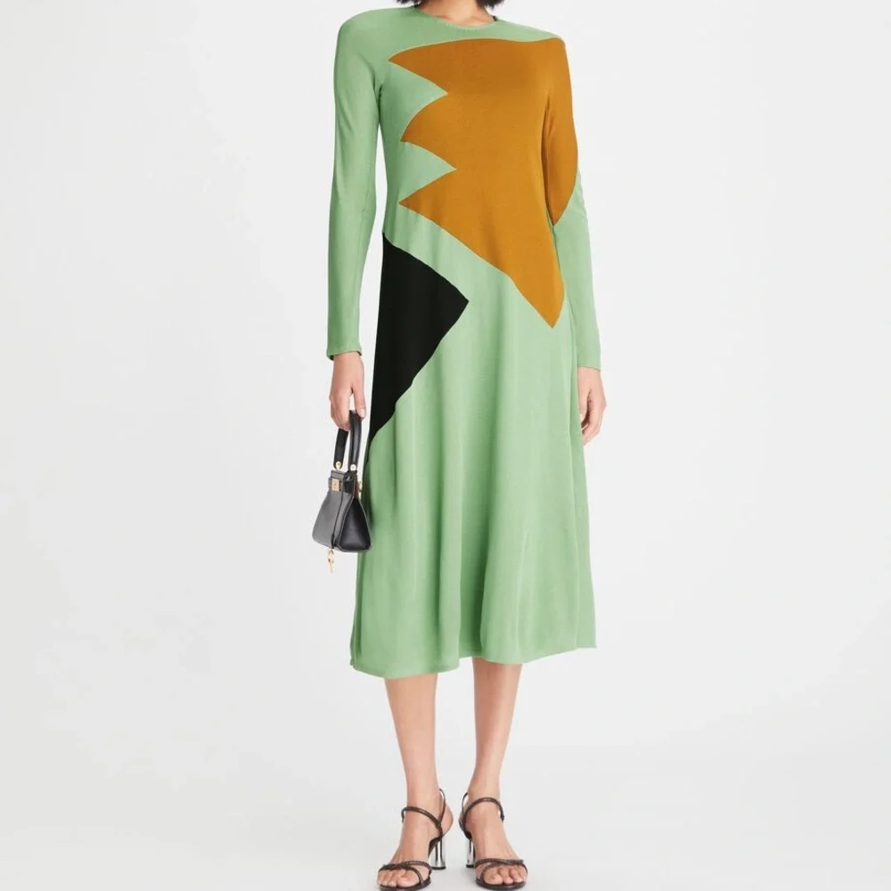 Tory Burch Colorblock Honeycomb Jersey Dress Size 0 Runway Geometric Green - Picture 12 of 13